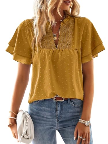 GORGLITTER Bluse Damen Sommer Elegant Lässige Blusen mit Rüschenärmel Kurzarm Hemdbluse Casual Tunika Blusenshirt Locker Oberteil Sommer Tops Senfgelb XL von GORGLITTER