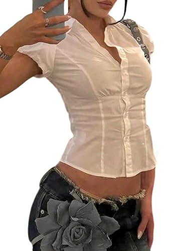 GORGLITTER Bluse Damen Sommer Y2K Sexy Kurzärmelig Sommerhemd Hemdbluse Mit Knopleiste Reverskragen Blusen Babydoll Blusenshirt Sommer Fit Weiß XS GORGLITTER Bluse Damen Sommer Y2K Sexy Kurzärmelig Sommerhemd Hemdbluse Mit Knopleiste Reverskragen Blusen Babydoll Blusenshirt Sommer Fit Weiß XS von GORGLITTER