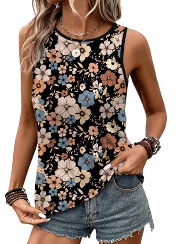 GORGLITTER Bluse Mit Blumen Damen Tank Top Sommer Elegant Blusenshirt Ärmellos Tanktop Blusentops Boho Bluse Ärmelloses Oberteil Schwarz M von GORGLITTER