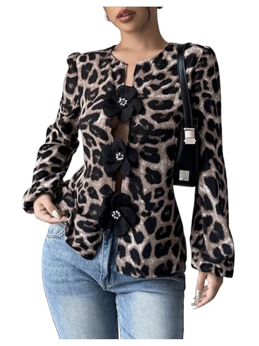 GORGLITTER Bluse Mit Leopardenmuster Damen Elegant Bluse Mit Blume Langarm Blusenshirt Winter Oberteil Leo Shirt Mit Bishop Ärmel Leo L von GORGLITTER