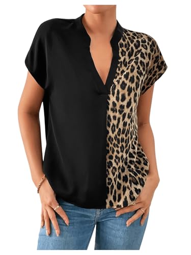 GORGLITTER Bluse Mit Leopardenmuster Damen Elegant Blusenshirt Kurzarm Leo Oberteil Shirt Mit Farbblock Leo L von GORGLITTER