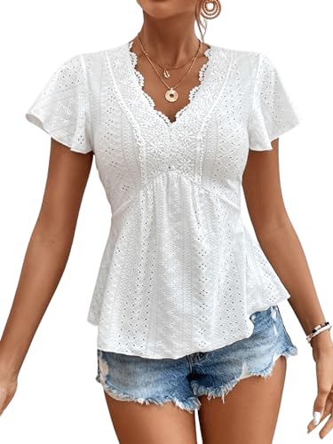 GORGLITTER Bluse Mit Spitze Damen Elegant Blusenshirt Mit Stickerei Blusentop Mit Rüschen Oberteil Weiß L von GORGLITTER