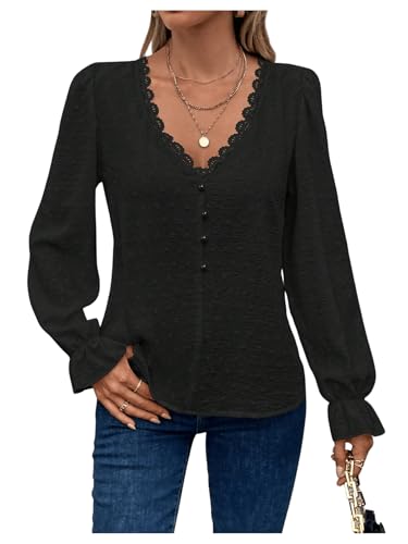 GORGLITTER Bluse Mit Spitze Damen Langarm Spitzen Oberteil Elegant Blusenshirt Langarmshirt Mit V Ausschnitt Spitzenshirt Herbst Winter Outfit Schwarz L GORGLITTER Bluse Mit Spitze Damen Langarm Spitzen Oberteil Elegant Blusenshirt Langarmshirt Mit V Ausschnitt Spitzenshirt Herbst Winter Outfit Schwarz L von GORGLITTER