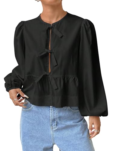 GORGLITTER Blusenshirt Damen Langarm Bluse Mit Schleife Vorne Elegante Oberteile Damenblusen Modern Schickes Oberteil Blusentop Locker Rüschenbluse Schwarz L von GORGLITTER