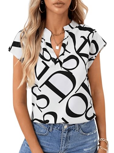 GORGLITTER Blusentop Damen Elegant Kurzarm Blusenshirt Mit Kragen Sommer Bluse Mit Grafischem Muster Weiß M von GORGLITTER