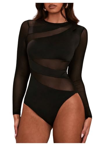 GORGLITTER Damen Body Elegant Bodysuit mit Durchsichtig Netz Oberteil Langarm Bodys Netzshirt Herbst Festival Outfit Schwarz S von GORGLITTER