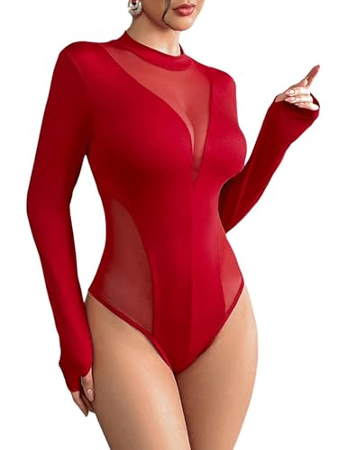 GORGLITTER Body Bodysuit Damen Elegant Bodys mit Mesh Oberteile Netzshirt Langarm Casual Outfit T-shirt Body Modische Bodys Rot L von GORGLITTER