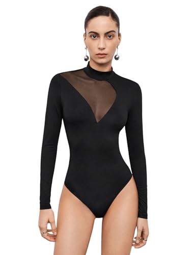 GORGLITTER Body Damen Langärmelig Bodysuit mit Mesh Oberteil T-shirt Body Schmaler Bodies mit Stehkragen Schwarz XL von GORGLITTER