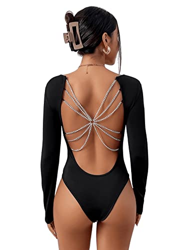 GORGLITTER Body Damen Elegant Bodysuit Rückenfrei Bodys Langarm Festival Bodysuits mit Kette Rave Outfit Oberteil Schwarz L von GORGLITTER