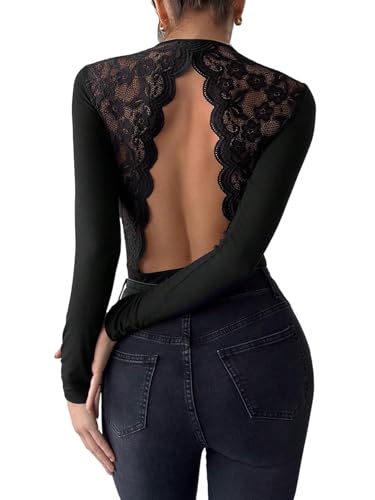 GORGLITTER Body Damen Langarm Bodysuit mit Spitzen Elegant Bodys Rückenfrei Bodysuits Festival Outfit Langarmshirt Overall Schwarz L von GORGLITTER