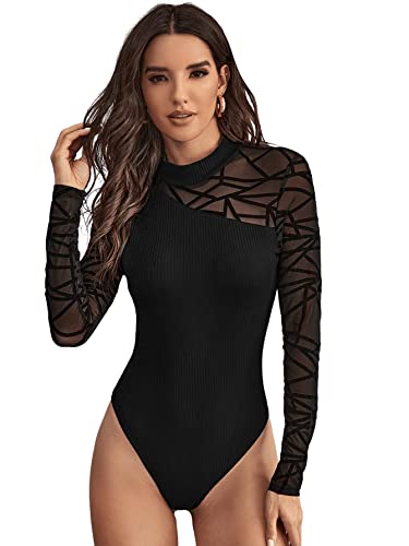 GORGLITTER Body Damen Langarm Strick Sexy Mesh Bodysuit Langarmbody Damen Elegant Damenbody Mit Stehkragen Schwarz M von GORGLITTER