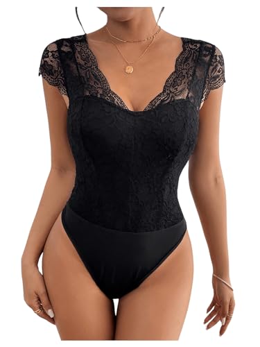 GORGLITTER Body Spitzen Damen Bodysuit Elegant Oberteil Muscheln Spitzenbody Büro Casual Bodys mit V-Ausschnitt Schwarz XS von GORGLITTER