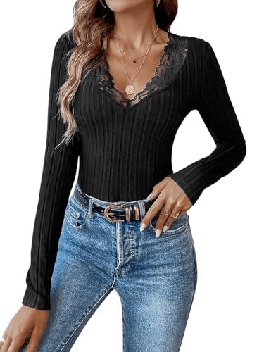 GORGLITTER Body T-Shirt Bodysuit Damen Langarm Oberteil mit Spitzenbesatz Slim Overall Bodys Langarmshirt mit V-Ausschnitt Schwarz S von GORGLITTER