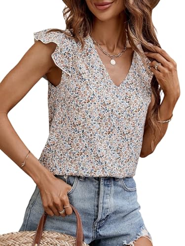 GORGLITTER Boho Bluse Damen Sommer Blusenshirt Mit Spitze Blusentops Sommerbluse Rückenfreies Oberteil Mit Blumen Damenblusen Mit Schleife Beige XS von GORGLITTER