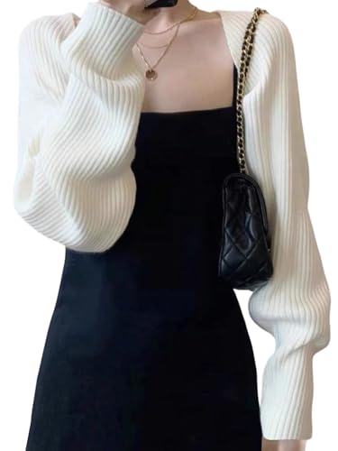GORGLITTER Bolero Damen Kurz Bolerojacke Offener Front Strickjacke Basic Langarm Schulterjacke Crop Schrug Cardigan Strickpullover Leicht Weiß S von GORGLITTER