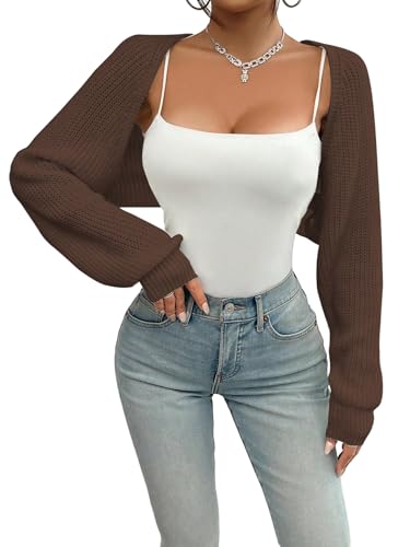 GORGLITTER Bolero Damen Kurz Strickjacke Elegant Cardigan Langarm Leichte Bolerojacke Schulterjacke für Kleider Casual Crop Shrug Herbst Outfit Braun S von GORGLITTER