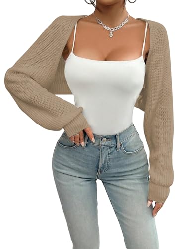 GORGLITTER Bolero Damen Kurz Strickjacke Elegant Cardigan Langarm Leichte Bolerojacke Schulterjacke für Kleider Casual Crop Shrug Herbst Outfit Khaki M von GORGLITTER