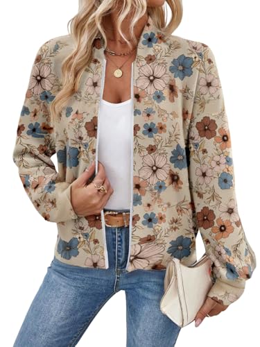 GORGLITTER Bomberjacke Damen Blumen Blouson Jacke Mit Reißverschluss Herbstjacke Übergangsjacke Winterjacke Fliegerjacke Langarm Oberteile Locker Freizeitjacke Beige L von GORGLITTER