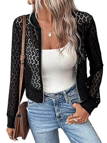 GORGLITTER Bomberjacke Damen Dünn Jacke Mit Reißverschluss Spitzenjacke Leichte Jacke Freizeitjacke Mit Spitze Schwarz S von GORGLITTER