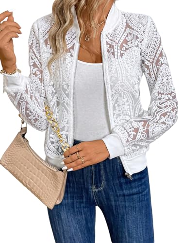 GORGLITTER Bomberjacke Damen Dünn Spitzen Jacken Durchsichtige Freizeitjacke mit Spitze Reißverschluss Übergangsjacke Mesh Netzstoff Jacke Weiß XL von GORGLITTER