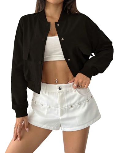 GORGLITTER Bomberjacke Damen Elegant Jacke Langarm Dünne Cordhemd Kurzjacke Übergangjacke Button-Down Mantel mit Tasche Casual Herbstjacke Schwarz XS GORGLITTER Bomberjacke Damen Elegant Jacke Langarm Dünne Cordhemd Kurzjacke Übergangjacke Button-Down Mantel mit Tasche Casual Herbstjacke Schwarz XS von GORGLITTER