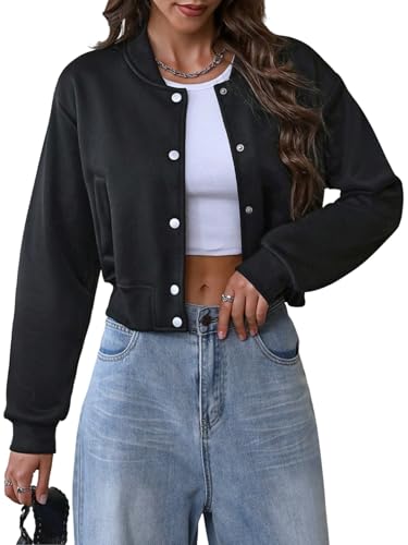 GORGLITTER Bomberjacke Damen Elegant Langarm Baseball Jacke Kurzjacke Button-Down Blouson Freizeitjacke mit Taschen Casual Herbstjacke Herbst Winter Schwarz M GORGLITTER Bomberjacke Damen Elegant Langarm Baseball Jacke Kurzjacke Button-Down Blouson Freizeitjacke mit Taschen Casual Herbstjacke Herbst Winter Schwarz M von GORGLITTER