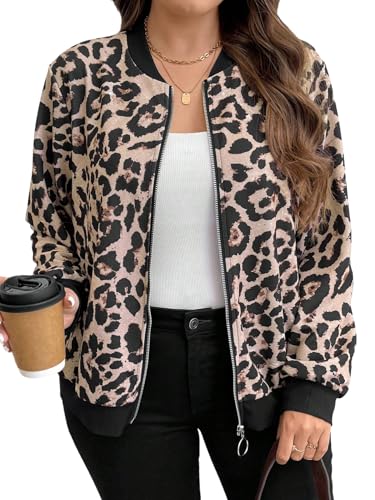 GORGLITTER Bomberjacke Damen Große Größen Leo Jacke Blouson Jacke Fliegerjacke Mit Reißverschluss Leoparden Pilotenjacke Übergangsjacke Winter Jacken Leo 1XL von GORGLITTER