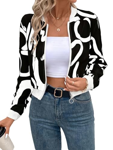 GORGLITTER Bomberjacke Damen Kurz Winterjacke Übergangsjacke Mit Reißverschluss Crop Sweatjacke Langarm Blouson Jacke Leichte Jacke Herbst Outfit Schwarz L von GORGLITTER