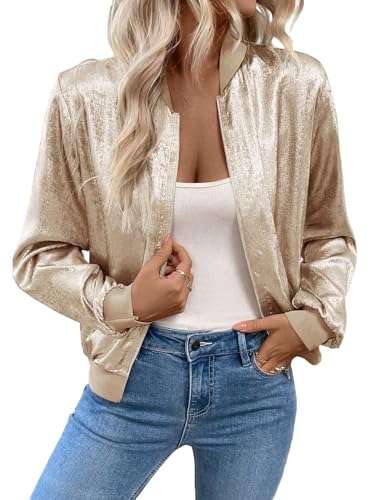 GORGLITTER Bomberjacke Damen Kurze Blouson Jacke Casual Fliegerjacke Baseball-Kragen Jacken Herbst Übergangsjacke Freizeitjacke Champagnerfarben XXL von GORGLITTER