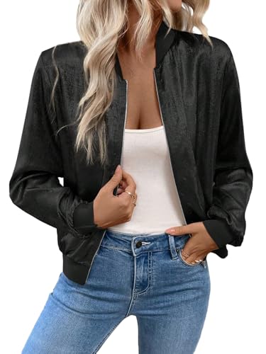 GORGLITTER Bomberjacke Damen Kurze Blouson Jacke Casual Fliegerjacke Baseball-Kragen Jacken Herbst Übergangsjacke Freizeitjacke Schwarz XL von GORGLITTER