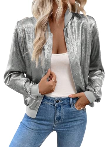 GORGLITTER Bomberjacke Damen Kurze Blouson Jacke Casual Fliegerjacke Baseball-Kragen Jacken Herbst Übergangsjacke Freizeitjacke Silber L von GORGLITTER
