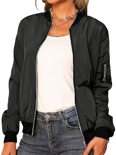 GORGLITTER Bomberjacke Damen Kurze Fliegerjacke mit Reißverschluss Blousonjacke Baseball-Kragen Jacken mit Taschen Übergangsjacke Freizeitjacke Schwarz L von GORGLITTER