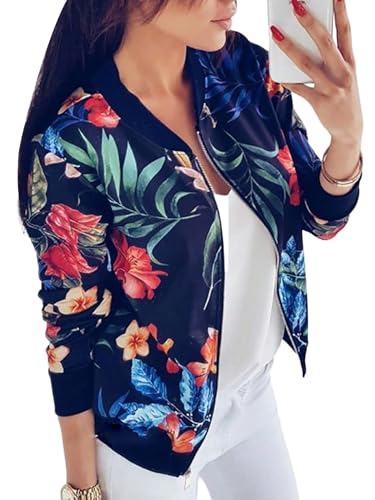 GORGLITTER Bomberjacke Damen Leicht Blouson Jacke Mit Blumen Fliegerjacke Herbstjacke Mit Reißverschluss Übergangsjacke Winterjacke Sweatjacke Freizeitjacke Dunkelblau XL GORGLITTER Bomberjacke Damen Leicht Blouson Jacke Mit Blumen Fliegerjacke Herbstjacke Mit Reißverschluss Übergangsjacke Winterjacke Sweatjacke Freizeitjacke Dunkelblau XL von GORGLITTER