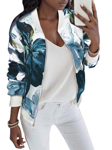 GORGLITTER Bomberjacke Damen Leicht Blouson Jacke Mit Blumen Fliegerjacke Herbstjacke Mit Reißverschluss Übergangsjacke Winterjacke Sweatjacke Freizeitjacke Dunkelgrün L von GORGLITTER