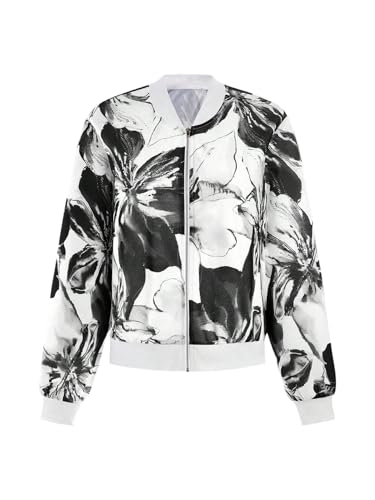 GORGLITTER Bomberjacke Damen Leicht Blouson Jacke Mit Blumen Fliegerjacke Herbstjacke Mit Reißverschluss Übergangsjacke Winterjacke Sweatjacke Freizeitjacke Schwarz und Weiß L von GORGLITTER