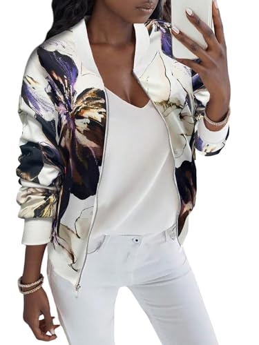 GORGLITTER Bomberjacke Damen Leicht Blouson Jacke Mit Blumen Fliegerjacke Herbstjacke Mit Reißverschluss Übergangsjacke Winterjacke Sweatjacke Freizeitjacke Weiß L GORGLITTER Bomberjacke Damen Leicht Blouson Jacke Mit Blumen Fliegerjacke Herbstjacke Mit Reißverschluss Übergangsjacke Winterjacke Sweatjacke Freizeitjacke Weiß L von GORGLITTER
