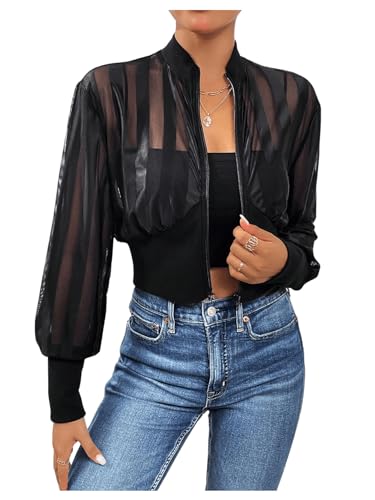 GORGLITTER Bomberjacke Damen Leichte Jacke mit Netzstoff Casualjacke Langarm Fliegerjacke Kurz Blouson Jacke mit Zip Up Schwarz XL von GORGLITTER