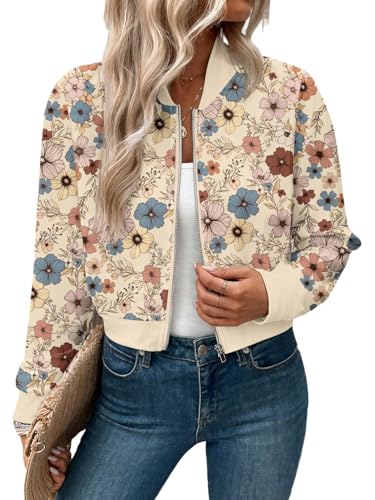 GORGLITTER Bomberjacke Damen Sommer Blouson Jacke Mit Blumen Übergangsjacke Leichte Kurze Jacke Fliegerjacke Mit Reißverschluss Winterjacke Sweatjacke Beige L von GORGLITTER