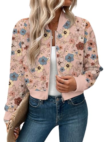 GORGLITTER Bomberjacke Damen Sommer Blouson Jacke Mit Blumen Übergangsjacke Leichte Kurze Jacke Fliegerjacke Mit Reißverschluss Winterjacke Sweatjacke Rosa M von GORGLITTER
