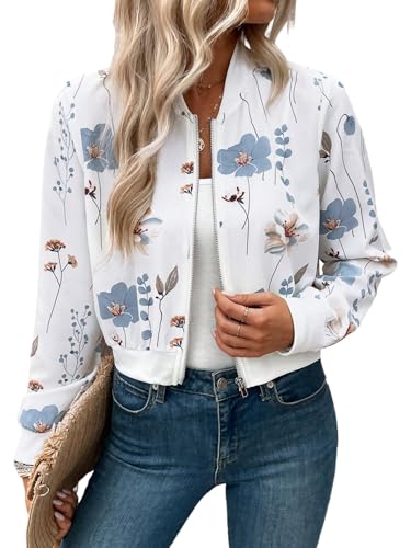 GORGLITTER Bomberjacke Damen Sommer Blouson Jacke Mit Blumen Übergangsjacke Leichte Kurze Jacke Fliegerjacke Mit Reißverschluss Winterjacke Sweatjacke Weiß XS von GORGLITTER