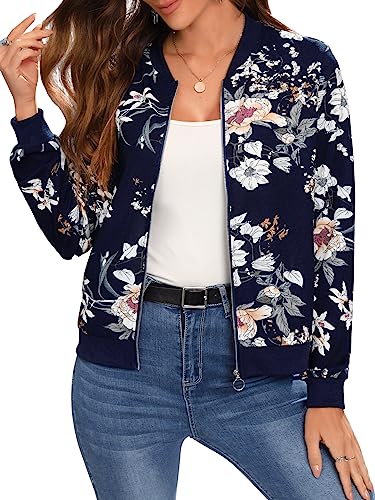 GORGLITTER Bomberjacke Mit Blumen Damen Casual Jacke Fliegerjacke Pilotenjacke Bomber Jacket Mit Reißverschluss Übergangsjacke Freizeitjacke Blau L von GORGLITTER