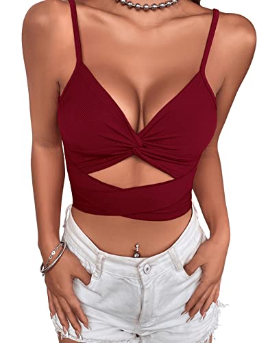 GORGLITTER Cami Crop Top Damen Top Mit Twist Vorne Bauchfreie Tops Mit Ausschnitt Sexy Cut Out Top Mit Schnürung Bordeaux M von GORGLITTER