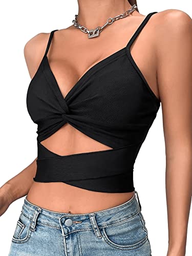 GORGLITTER Cami Crop Top Damen Top Mit Twist Vorne Bauchfreie Tops Mit Ausschnitt Sexy Cut Out Top Mit Schnürung Schwarz M von GORGLITTER