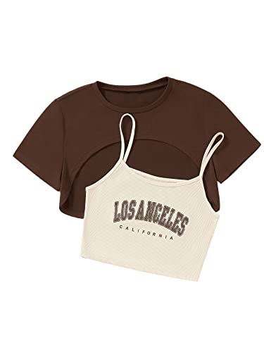 GORGLITTER Cami Crop Top Damen Y2k Top 90s Crop T-Shirt Set Top Set Bauchfrei Oberteil Los Angeles Tshirt Braun und Beige M GORGLITTER Cami Crop Top Damen Y2k Top 90s Crop T-Shirt Set Top Set Bauchfrei Oberteil Los Angeles Tshirt Braun und Beige M von GORGLITTER
