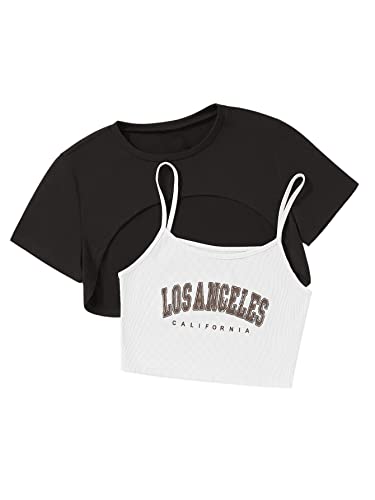 GORGLITTER Cami Crop Top Damen Y2k Top 90s Crop T-Shirt Set Top Set Bauchfrei Oberteil Los Angeles Tshirt Schwarz und Weiß L von GORGLITTER