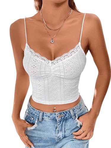 GORGLITTER Cami Top Mit Spitze Damen Crop Top Sexy Spitzen Top Bauchfreie Tops Mit Rüschen Weiß XS von GORGLITTER