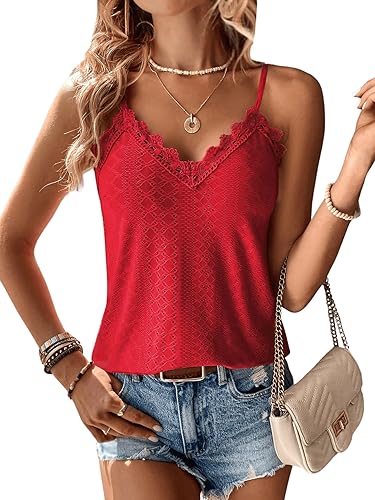 GORGLITTER Cami Top Mit Spitze Damen Spitze Top V Ausschnitt Oberteil Spaghettiträger Top Sexy Sommer Shirt Rot L von GORGLITTER