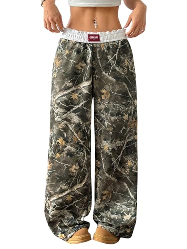 GORGLITTER Camouflage Hosen Damen Y2K Baggy Weite Bein Freizeithose mit Taschen Lange Jogginghose Hip Hop Sporthose Elastische Taille Cargohose Armeegrün S von GORGLITTER