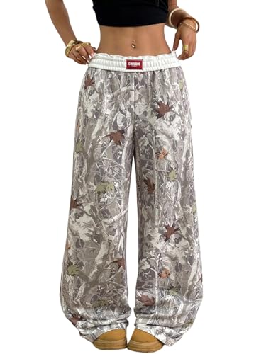 GORGLITTER Camouflage Hosen Damen Y2K Baggy Weite Bein Freizeithose mit Taschen Lange Jogginghose Hip Hop Sporthose Elastische Taille Cargohose Weiß S von GORGLITTER