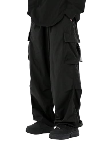 GORGLITTER Cargohose Herren Baggy Hiphop Hose Lockere Freizeithose Elastische Taille Sporthose mit Taschen und Tunnelzug Herbst Outfit Schwarz M von GORGLITTER